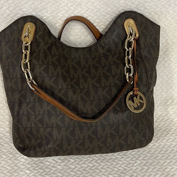 Michael Kors Signature Brown Tote Bag Leather Detail Purse - Picture 2 of 12